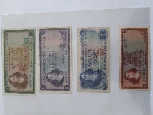 TW de Jongh Set of R1, R2, R5 and R10 South African Banknotes